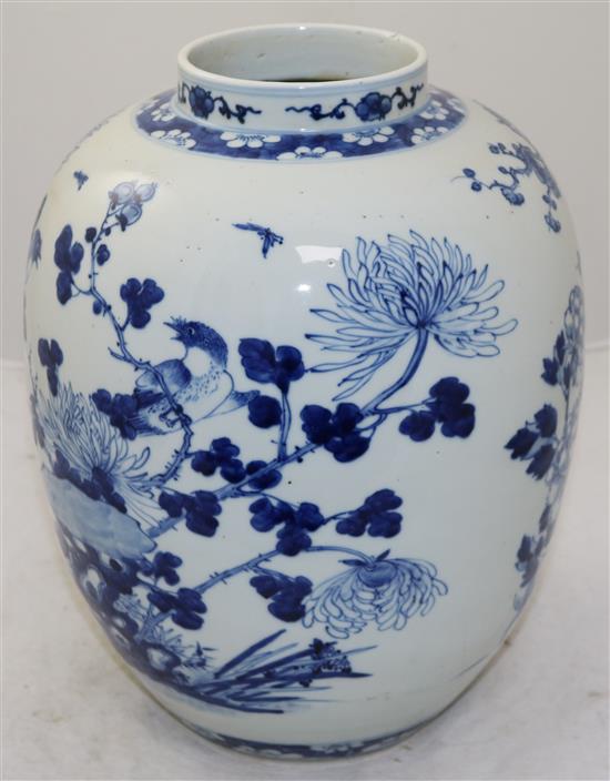 A Chinese blue and white ovoid jar, Kangxi mark, late 19th century, 32cm, wood stand